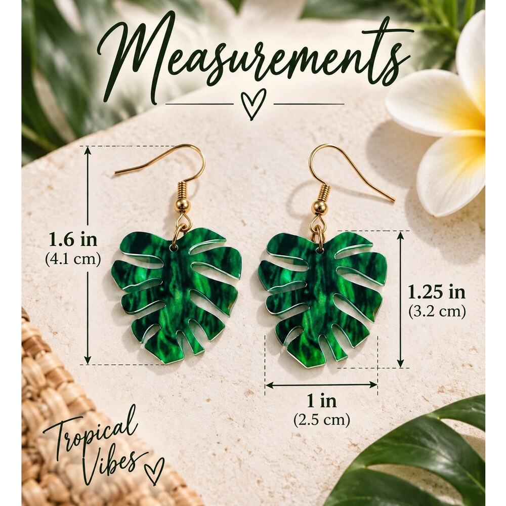 🌿 NEW Monstera Leaf Earrings – Green Tropical Botanical Statement Earrings - Picture 2 of 7